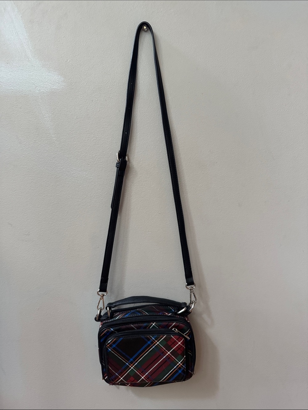 Source Unknown Black Plaid Crossbody Bag with Multicolor Accents